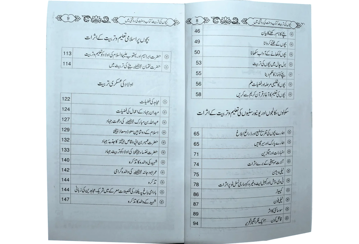 Bachon Ki Tarbiyat by Molana Muhammad Hood, contents page, Dar Ul Andlus