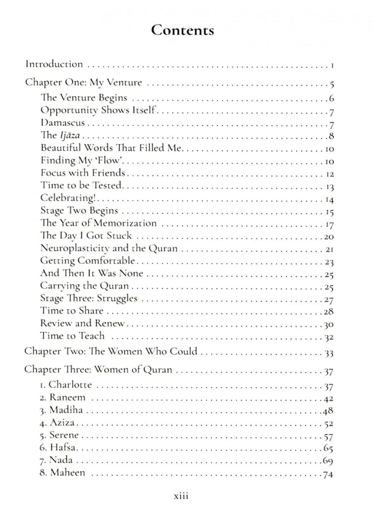 The Crowning Venture: Inspiration from Women Who Have Memorized the Quran by Hafiza Saadia Mian, contents page
