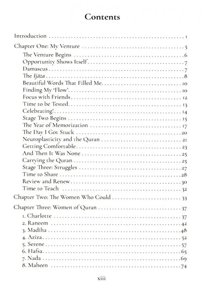 The Crowning Venture: Inspiration from Women Who Have Memorized the Quran by Hafiza Saadia Mian, contents page