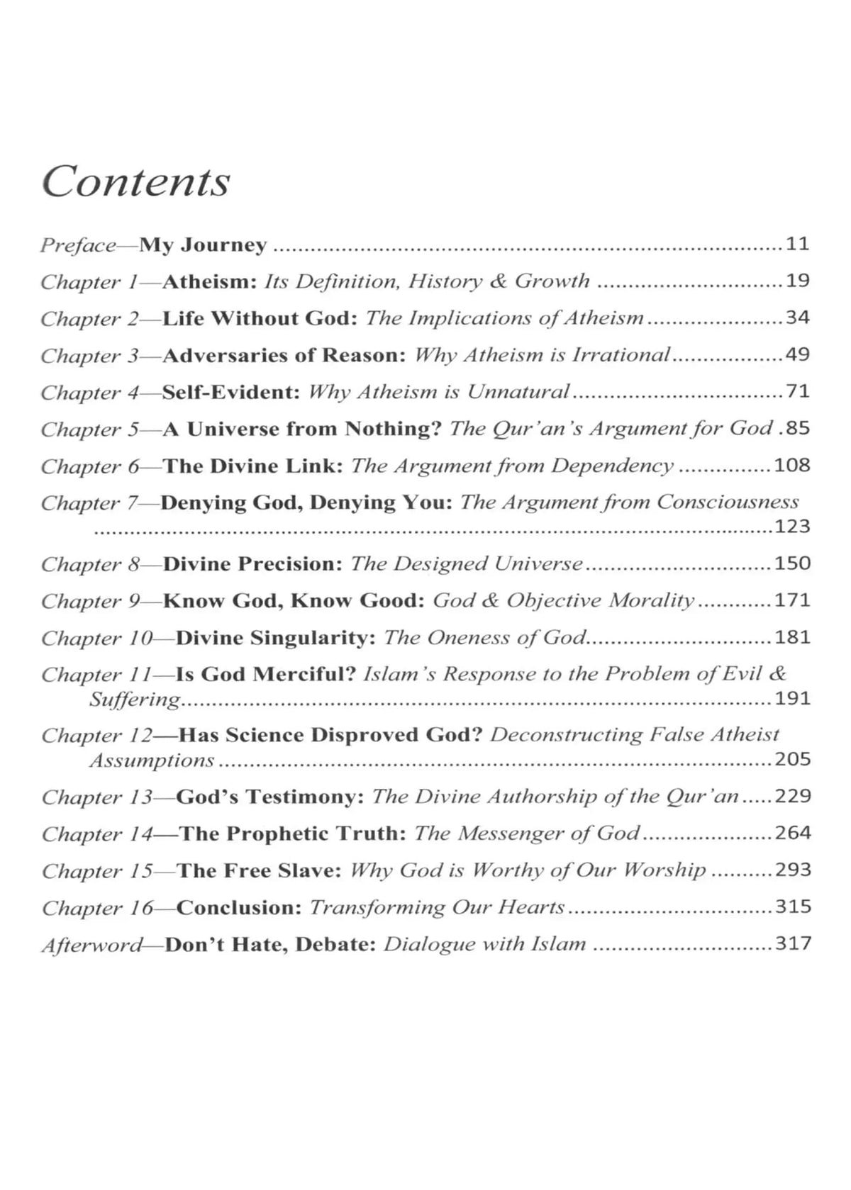 The Divine Reality: God, Islam & The Mirage of Atheism by Hamza Andreas Tzortzis, contents page