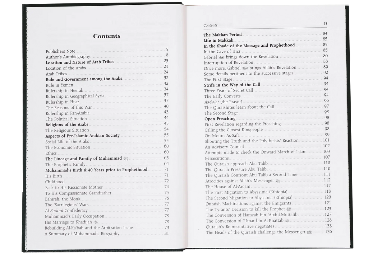 The Sealed Nectar (Ar Raheeq ul Makhtum) by Safiur Rahman Al Mubarakpuri, contents page, Darussalam Publishers